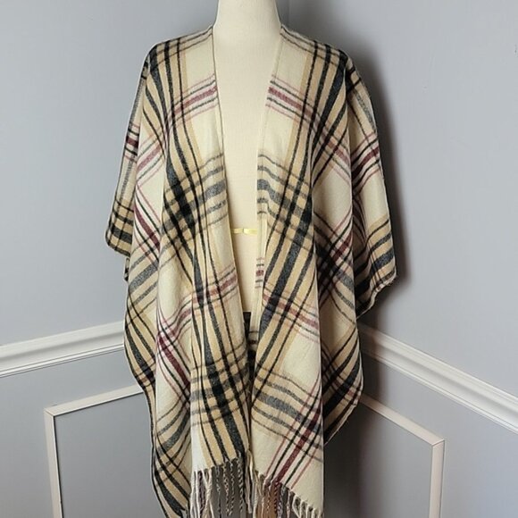 WOOLRICH Tan Black Tartan Plaid Preppy Fringe Blanket Drape Poncho Cape Wrap OS - Picture 2 of 6